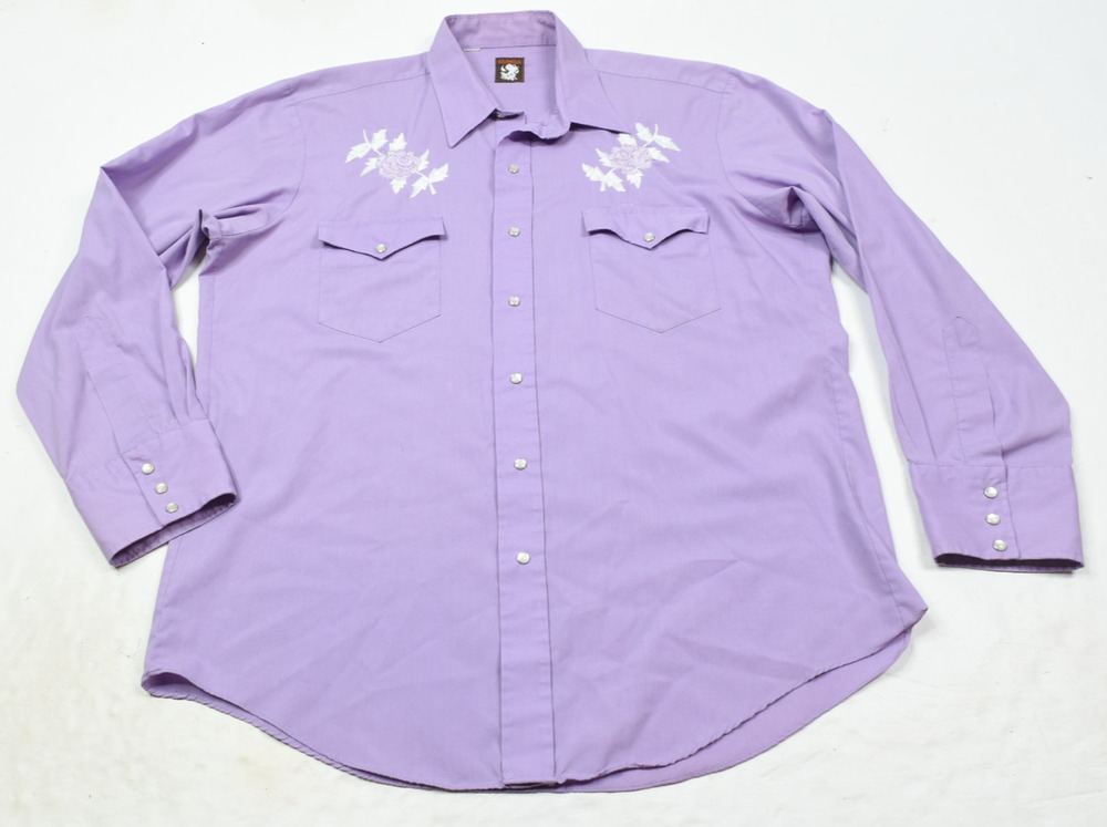 Vintage Karman Pearl-Snap Gaucho Shirt Mens XL Lilac Purple Floral Western